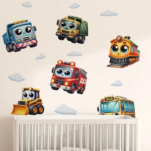 Cartoon Baufahrzeug Wandtattoo Set für Kinderzimmer mit niedlichem LKW und gelbem Bus Dekor
