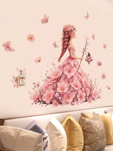 Detail of pink floral dress girl and butterfly wall stickers for bedroom decoration
