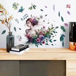 Sticker Mural Esthétique Fille Fleurie Décalcomanie en PVC Amovible Papillon Fée Pour Chambre Salon Fond Décoration Murale DIY Ornement Maison Artistique