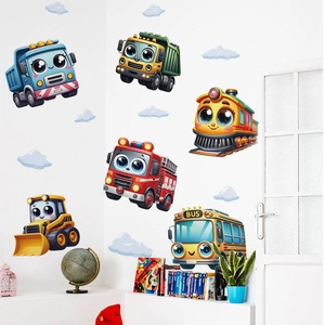 Wandtattoo Set mit Cartoon Baufahrzeugen Bagger und Zug für Kinderzimmer Dekorationen