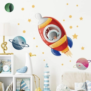 Stickers muraux fusée et ours astronaute avec planètes pour déco chambre d'enfant