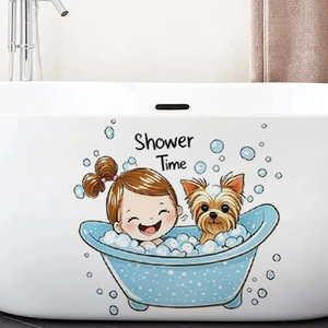 Cartoon Girl Dog Bathing Bathtub Wall Sticker Waterproof PVC Decal For Bathroom Toilet Door Decor Shower Time Art Mural