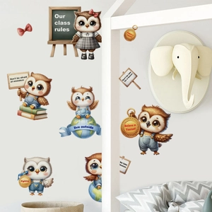 Cute cartoon owl wall stickers set with school theme for kids bedroom decoration