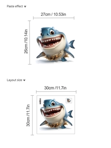 Detail view showing the 30x30cm layout size and paste effect of the cartoon shark sticker