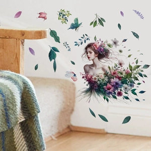 Stickers muraux esthétiques fille fleurie avec fleurs violettes et papillons de chambre