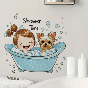 Cartoon girl and puppy in bathtub wall sticker for bathroom decor with Shower Time text