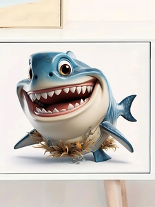 Close-up of a 3D cartoon shark wall sticker with sharp teeth and vivid blue colors