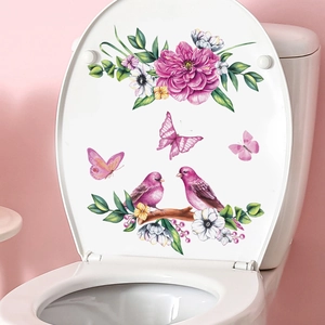 Floral toilet seat wall stickers with pink peony, purple birds, and butterflies