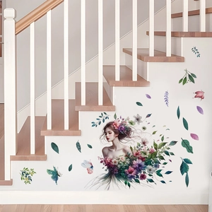 Stickers muraux fille aux fleurs et papillons pour décoration de chambre romantique