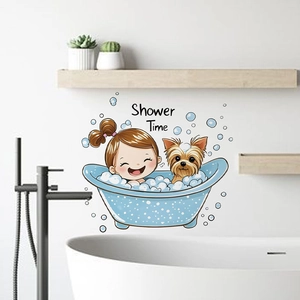 Cute cartoon girl and puppy bath wall sticker with Shower Time text for bathroom decor
