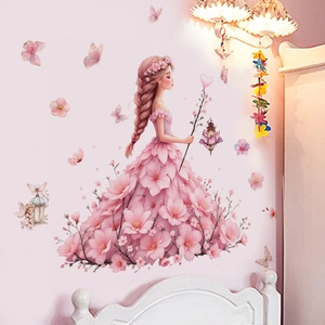 Pink Flower Petal Girl Butterfly Wall Sticker Aesthetic Fairy Illustration PVC Self-Adhesive Wall Decal For Kids Room Decor