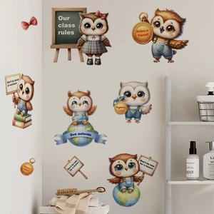 Cartoon owl classroom wall stickers set with motivational quotes for kids bedroom decor