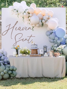 Heaven Sent party wall decal set with pastel balloon arch and white backdrop sign