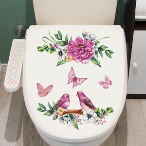 Pink flowers and birds self-adhesive wall stickers for bathroom toilet decoration
