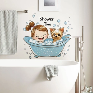 Cartoon girl and dog bathtub wall sticker for bathroom decor with Shower Time text
