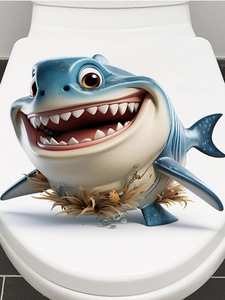3D cartoon blue shark sticker with sharp teeth and water droplets on a white toilet lid