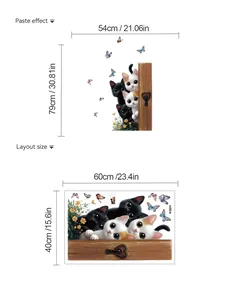 Size guide for cute cat wall decals showing layout and finished display dimensions
