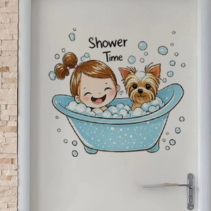 Cartoon girl and puppy shower time bathroom wall sticker for home door decoration