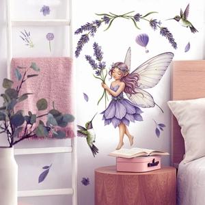 Adesivi Murali Fata dei Fiori Lavanda Viola in PVC Autoadesivo Ragazza Con Ali Decalcomanie per Cameretta Bambini Camera da Letto Soggiorno