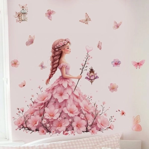 Pink fairy girl and butterfly wall stickers for sweet girls' room wall decoration