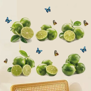 Removable PVC wall stickers with realistic green lemons, leaves and colorful butterflies