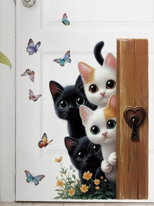 Detailed view of cute cartoon cats peeping from a wooden door wall decal with butterflies