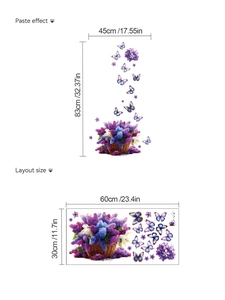 Dettaglio dell'adesivo murale cesto di fiori viola con layout e dimensioni finali