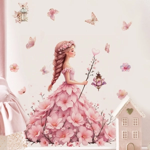 Pink fairy wall sticker with cherry blossom dress and butterflies for girl's room decor