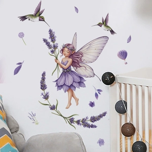 Adesivo murale fata della lavanda con ali viola e colibrì per decorazione della camera