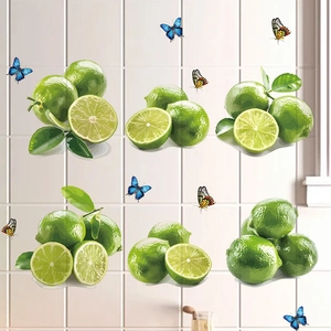 Green lemon and butterfly wall stickers on white tiles for home decoration in 6 layouts