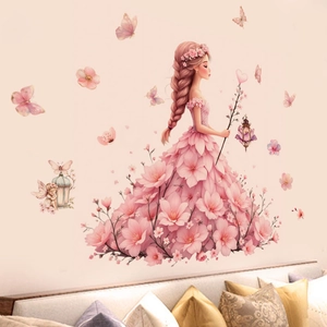 Romantic pink flower girl and butterflies wall decals for cozy kids room decoration