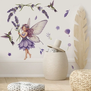 Adesivi murali fata con lavanda e mongolfiera viola per decorazione camera dei bambini