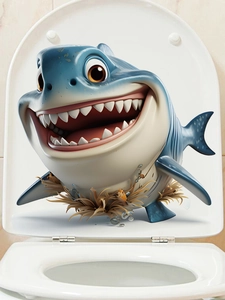 3D cartoon blue shark sticker with sharp teeth on a white ceramic toilet lid