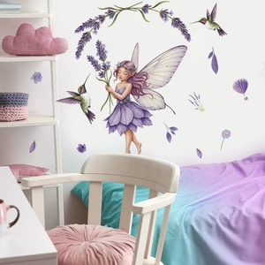 Adesivi murali fata lavanda con ali viola e colibrì per decorazione camera da letto