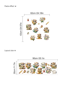 Cartoon owl classroom wall sticker showing layout size 90x30cm and paste effect 62x63cm