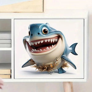 Detailed close-up of cartoon shark wall sticker with 3D effect for bathroom and home decor