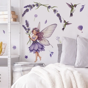 Adesivo murale fata lavanda con ali viola e colibrì per decorazione camera da letto