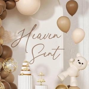 Heaven Sent earth tone balloon arch kit with white inflatable bear for baby shower party