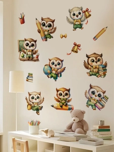 Detailed view of colorful cartoon owl wall decals in a decorated child study room