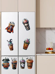 Λεπτομέρεια από 8 αυτοκόλλητα Halloween με κολοκύθες και φαντάσματα σε λευκό ψυγείο