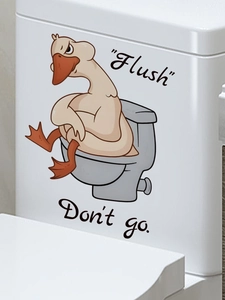 Funny angry duck toilet sticker with Flush and Don't go text on white tank