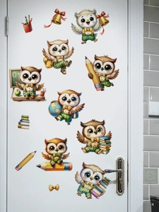 Detail of cute owl wall stickers on a door featuring books and school themed elements