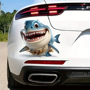 3D cartoon shark car sticker appearing to burst through white vehicle surface decor
