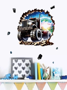 Detailed 3D wall decal of a monster truck breaking through a sci-fi city wall in kid's room