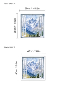 Detail showing layout and paste dimensions for the 3D snow mountain window wall sticker