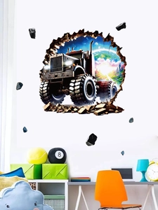 Detail of 3D truck wall decal showing a heavy monster truck breaking through a sci-fi wall