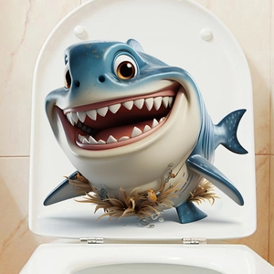3D cartoon blue shark self-adhesive bathroom wall sticker for toilet lid decoration