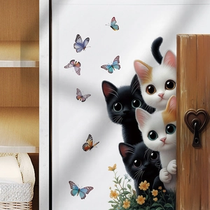 Cute cartoon cat and butterfly wall stickers for kids room and home decoration