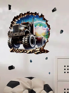 Detail of 3D monster truck wall decal breaking through a cosmic city background