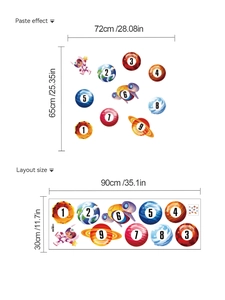 Detailed layout of space planets and astronaut wall stickers with size measurements